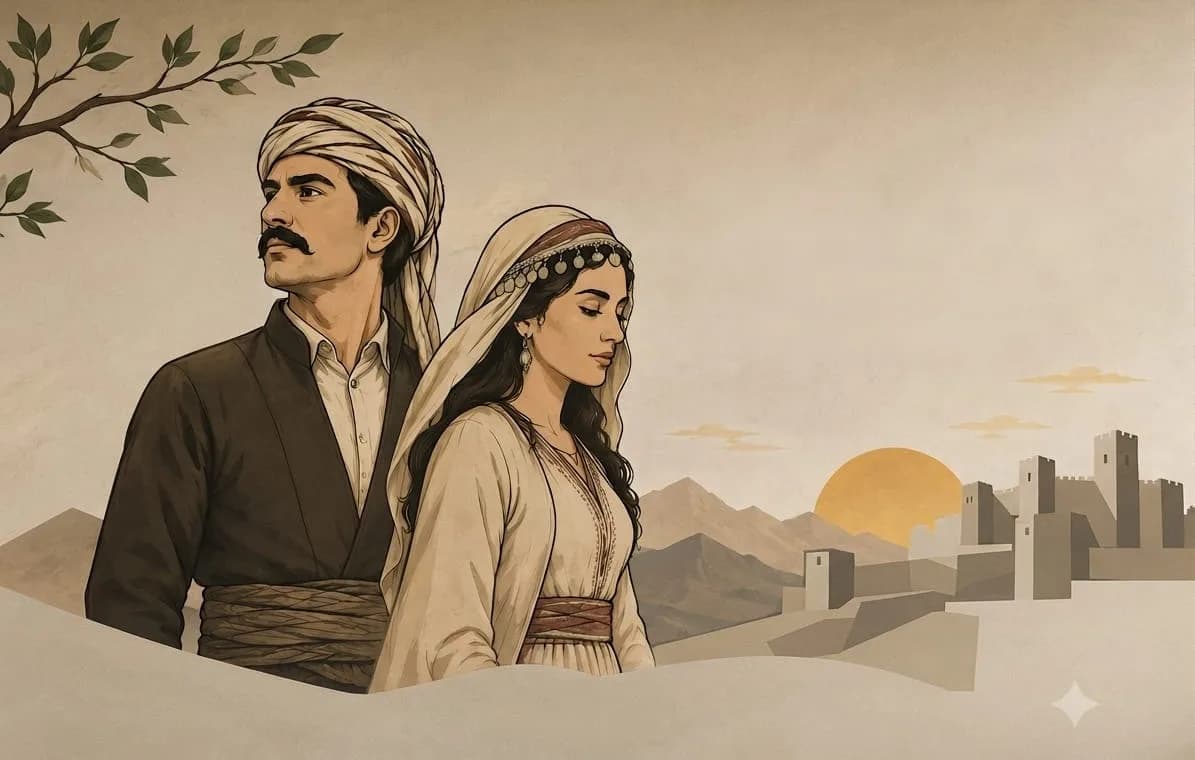 Wandbild: Mem und Zîn in traditioneller kurdischer Kleidung vor Bergen, Sonnenuntergang und einer Burg